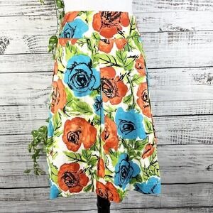 Talbots Skirt sz 6 Petite Orange Blue Floral Pleated Knee Wedding Church Modest